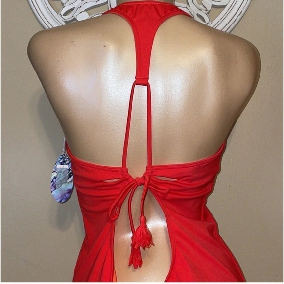 PRana women’s bathing suit xl 16 swim one piece pink orange halter cutout tassel - Picture 5 of 11